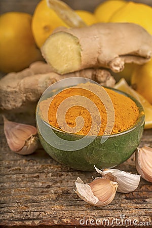 Turmeric, lemon and laurel Stock Photo