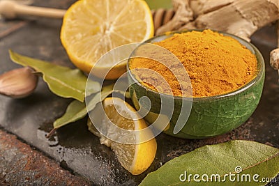 Turmeric, lemon and laurel Stock Photo