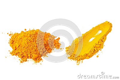 Yellow turmeric powder on white background. herbal Stock Photo