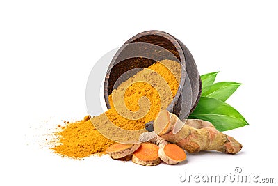 Turmeric powder with rhizome Stock Photo