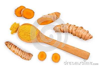 Turmeric powder and turmeric root isolated on white background. Top view. Flat lay Stock Photo