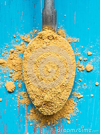 Turmeric powder on a silver spoon, Stock Photo