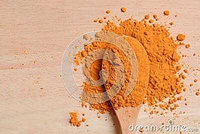 The turmeric powder in spoon and roots Stock Photo