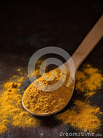 Turmeric powder. Traditional indian golden healthy spice in wooden spoon on dark background Stock Photo