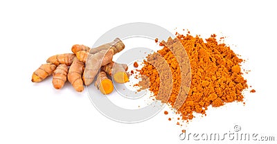 Turmeric powder with turmeric root isolated on white on white background. Stock Photo