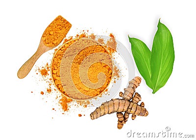 Turmeric root and turmeric powder in wooden bowl and spoon Stock Photo