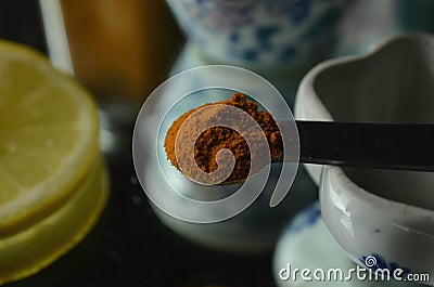 Turmeric tea vintage porcelain Chinese tea cups Stock Photo