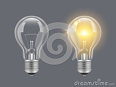 Turn on bulb. Light realistic transparent bulb bright lamp vector pictures Vector Illustration