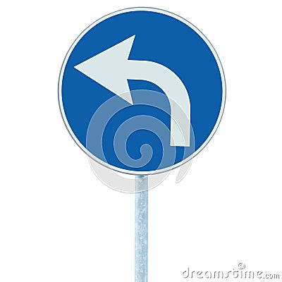 Turn left ahead road sign, blue round isolated roadside traffic signage, white arrow icon and frame roadsign, grey pole post Stock Photo