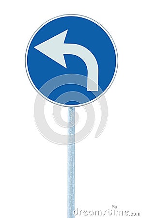 Turn left ahead sign, blue round isolated roadside traffic signage, white arrow icon and frame roadsign, grey pole post, large Stock Photo