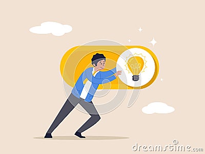 Turn on new idea concept. Toggle lightbulb idea invention, unlock or active, businessman push toggle switch to turn on Vector Illustration