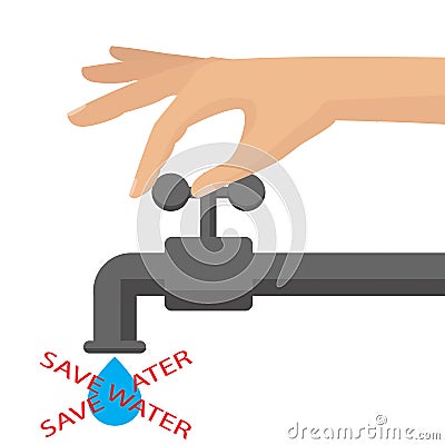 Turn off the water with man`s hand isolated on background. Cartoon Illustration