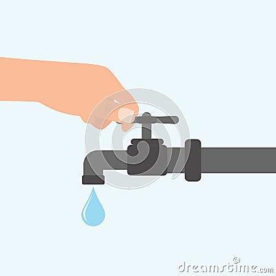 Turn off the water with man s hand isolated on background. Vector flat illustration Vector Illustration
