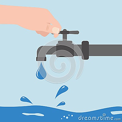 Turn off the water with man s hand isolated on background. Vector flat illustration Vector Illustration