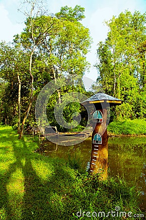 Turn an old tree stump into a gnome's house, a smurf mushroom house, a fairy garden. Editorial Stock Photo