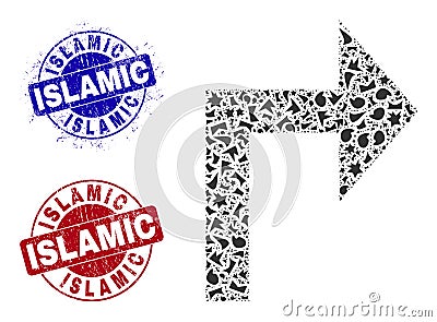 Turn Right Mosaic of Fractions with Islamic Scratched Rubber Imprints Vector Illustration