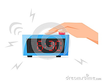 Turn of ringing alarm clock, pressing button on electronic clock, early morning concept, waking up early, flat vector Vector Illustration