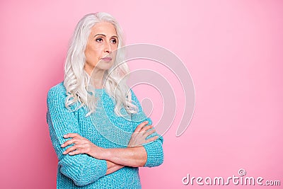 Turned photo of focused old woman successful boss cross hands listen about decisions choices wear stylish jumper Stock Photo