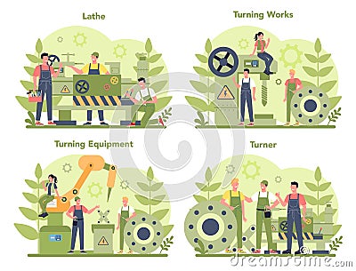 Turner or lathe concept set. Factory worker using turning machine Vector Illustration
