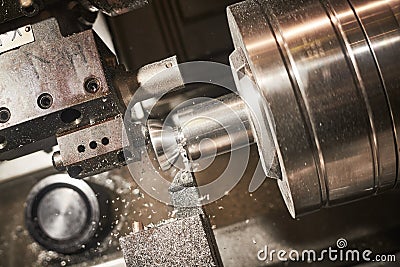 Turning cnc machine at metal work industry. Multitool precision manufacturing and machining Stock Photo