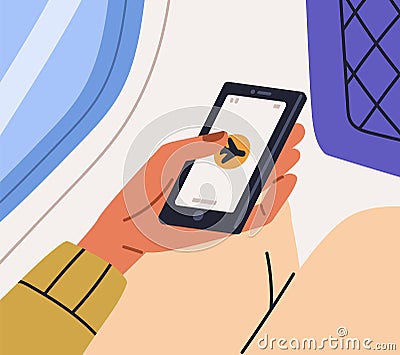 Turning on and off airplane flight mode of mobile phone for safety in air plane. Passengers hand using smartphone Cartoon Illustration