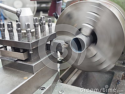 Turning part by manual lathe machine Stock Photo