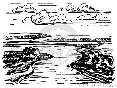 Turning the river sketch Vector Illustration