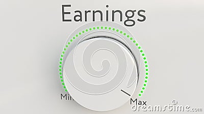 Turning white hi-tech knob with earnings inscription from minimum to maximum. Conceptual 3D rendering Stock Photo