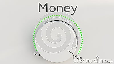 Turning white hi-tech knob with money inscription from minimum to maximum. Conceptual 3D rendering Stock Photo