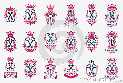 Turnkeys secrets emblems vector emblems big set, keys heraldic design elements collection, classic style heraldry symbols, antique Vector Illustration
