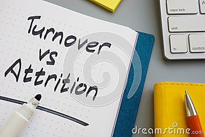 Turnover vs attrition words in the notepad and marker. Stock Photo