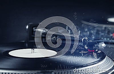 Turntable playing music with hand drawn cross lines Stock Photo