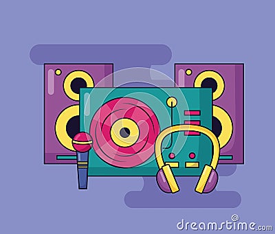 turntable vinyl record microphone headphones speakers music Cartoon Illustration