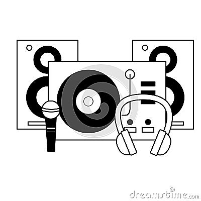 turntable vinyl record microphone headphones speakers music Cartoon Illustration