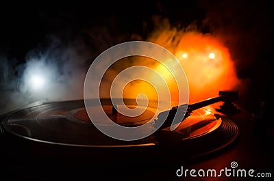 Turntable vinyl record player. Retro audio equipment for disc jockey. Sound technology for DJ to mix & play music. Vinyl record be Stock Photo