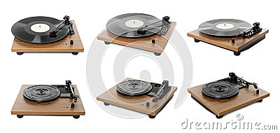 Turntables with vinyl records on white background, collage. Banner design Stock Photo