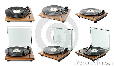 Turntables with vinyl records on white background, collage. Banner design Stock Photo