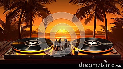 Turntables on a wooden table for DJ setup. Generative ai Stock Photo