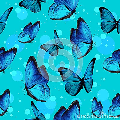 Turquise butterflies and blue bubbles on background flying. Seamless pattern, repetitive pattern for spring and summer insects Vector Illustration