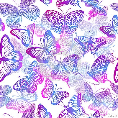 Seamless pattern blue neon butterflies. Vector illustration Vector Illustration