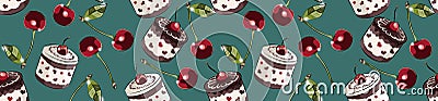 Color seamless pattern of cherries and chocolate and cream cakes on a turquoise background. Stock Photo