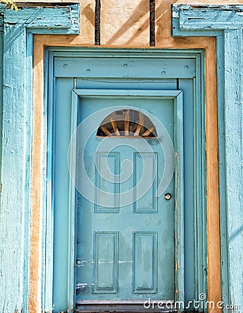 Turquoise blue door in Santa Fe, New Mexico Stock Photo