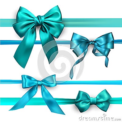 Turquoise and blue satin bows isolated on white. Vector Illustration