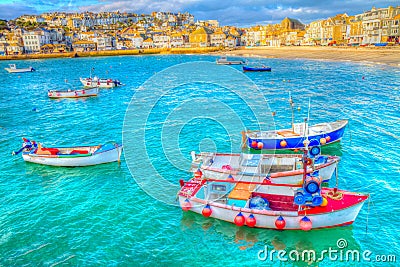 Turquoise blue sea St Ives harbour Cornwall Editorial Stock Photo
