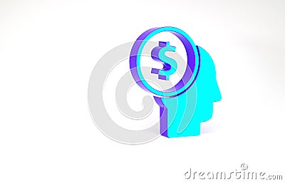 Turquoise Business man planning mind icon isolated on white background. Human head with dollar. Idea to earn money Cartoon Illustration