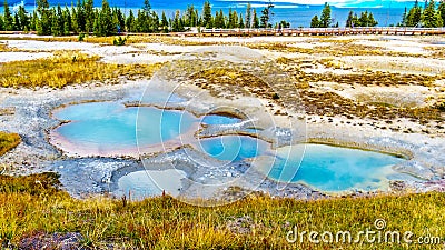 The turquoise colored Painted Pool in the West Thumb Geyser Basin in Yellowstone National Park Stock Photo