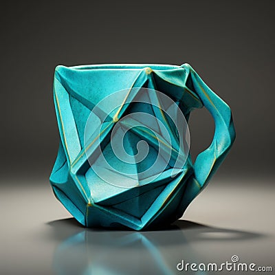 Turquoise 3d Printed Origami Mug With Handcrafted Design Stock Photo