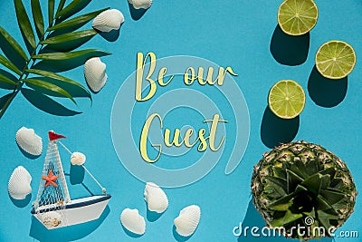 Turquoise Flat Lay, Boat, Shells, Pineapple, Text Be Our Guest Stock Photo