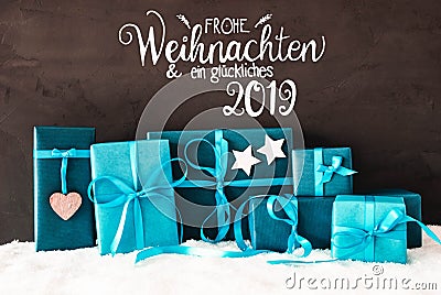 Turquoise Gifts, Calligraphy Glueckliches 2019 Means Happy 2019, Snow Stock Photo