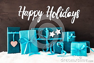 Turquoise Gifts, Calligraphy Happy Holidays, Snow, Cement Background Stock Photo